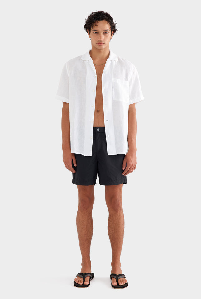 Short Sleeve Linen Camp Collar Shirt - White