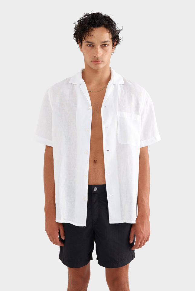 Short Sleeve Linen Camp Collar Shirt - White