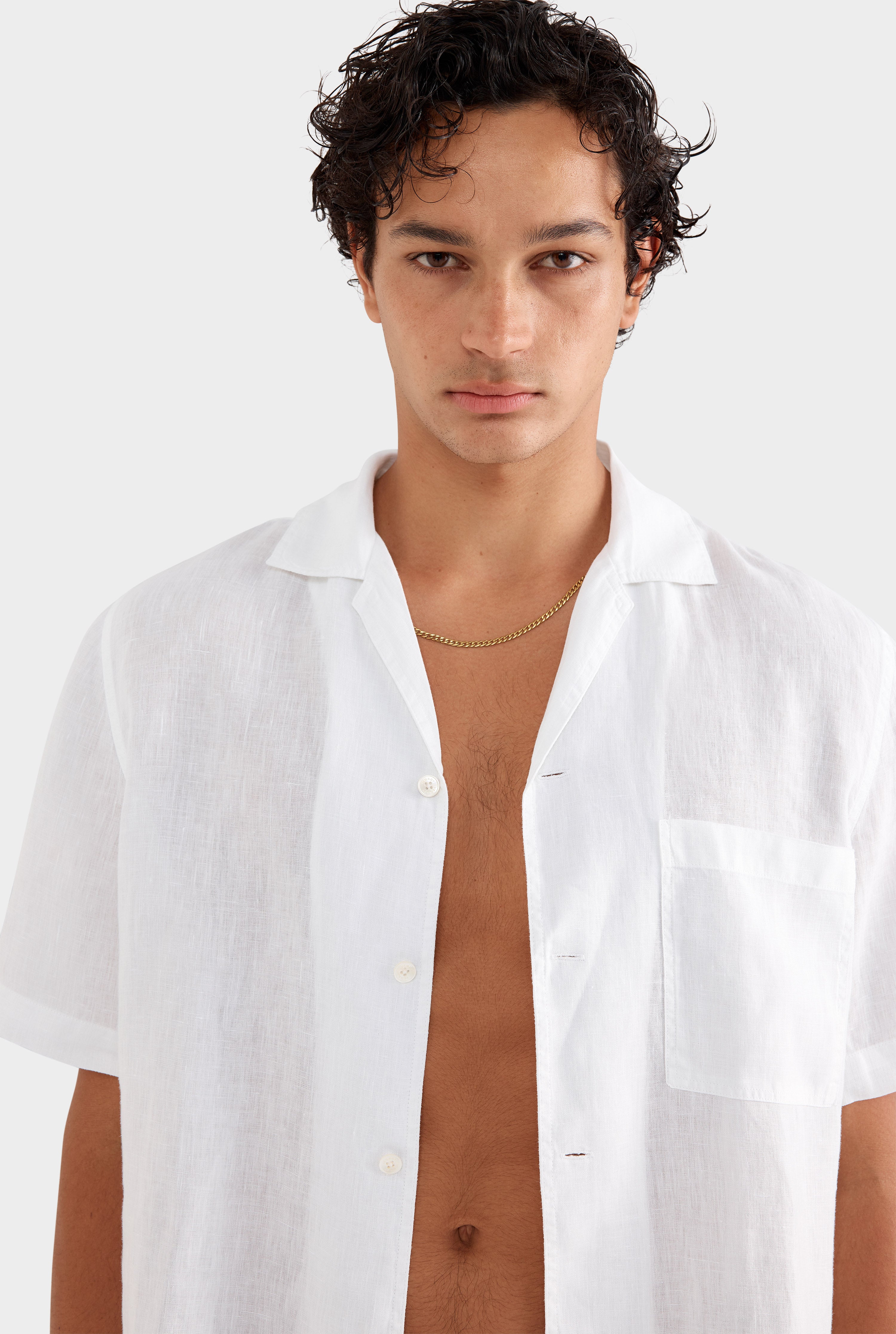 Short Sleeve Linen Camp Collar Shirt - White