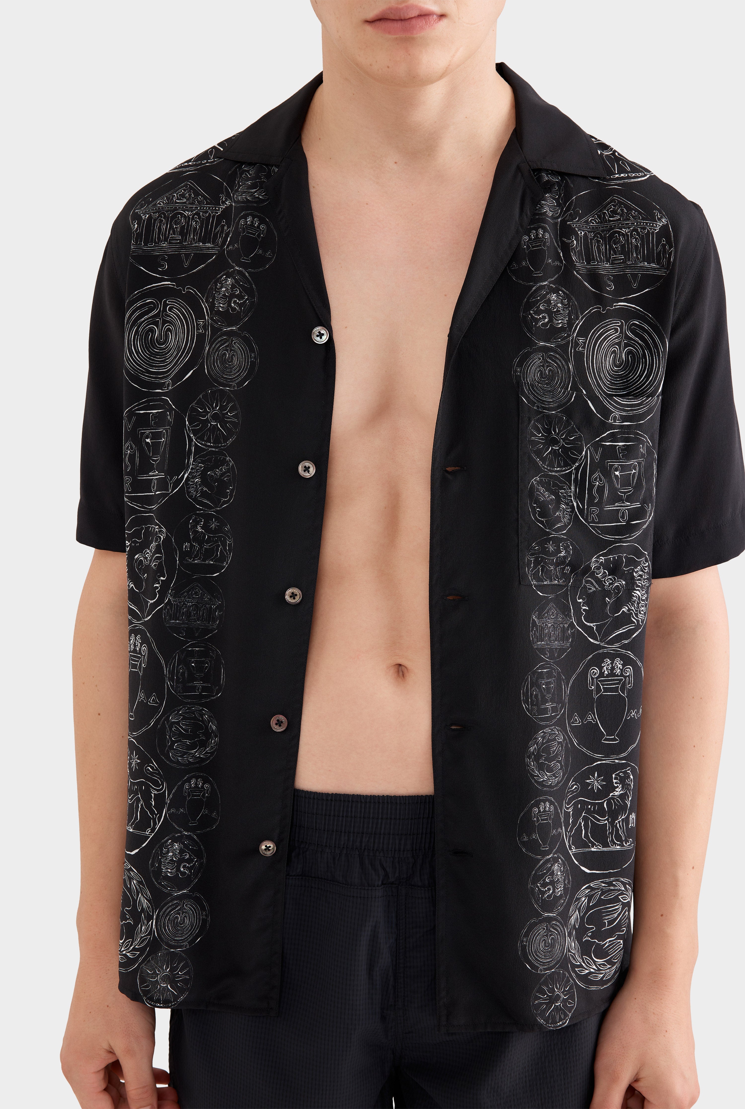 Short Sleeve Silk Camp Collar - Black Grecian Coins