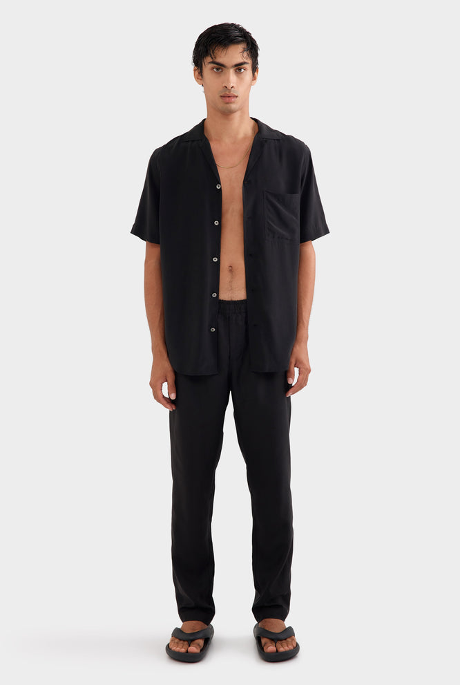 Short Sleeve Silk Camp Collar Shirt - Black