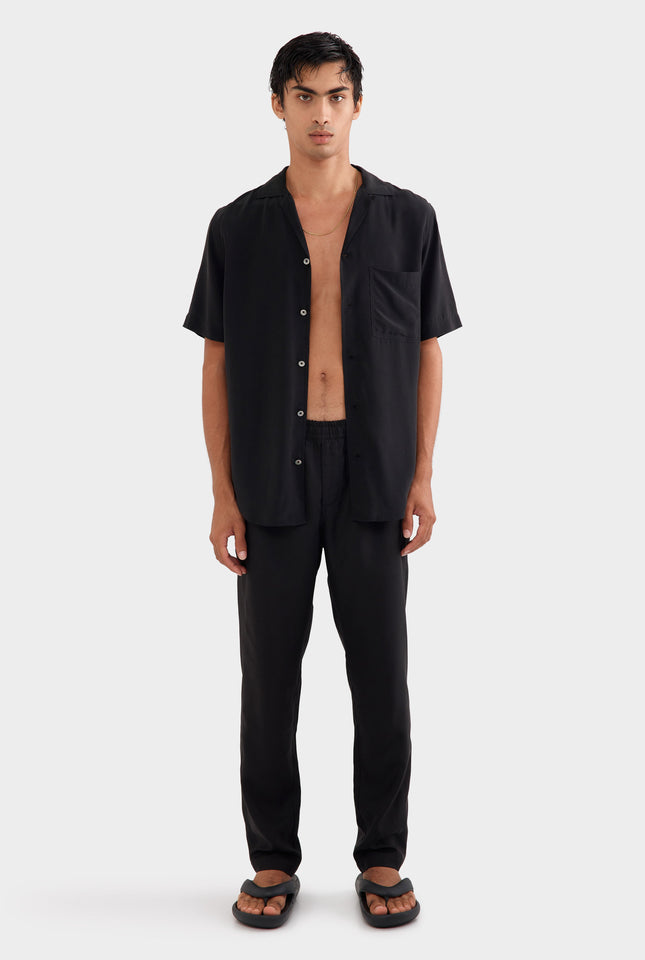 Short Sleeve Silk Camp Collar Shirt - Black