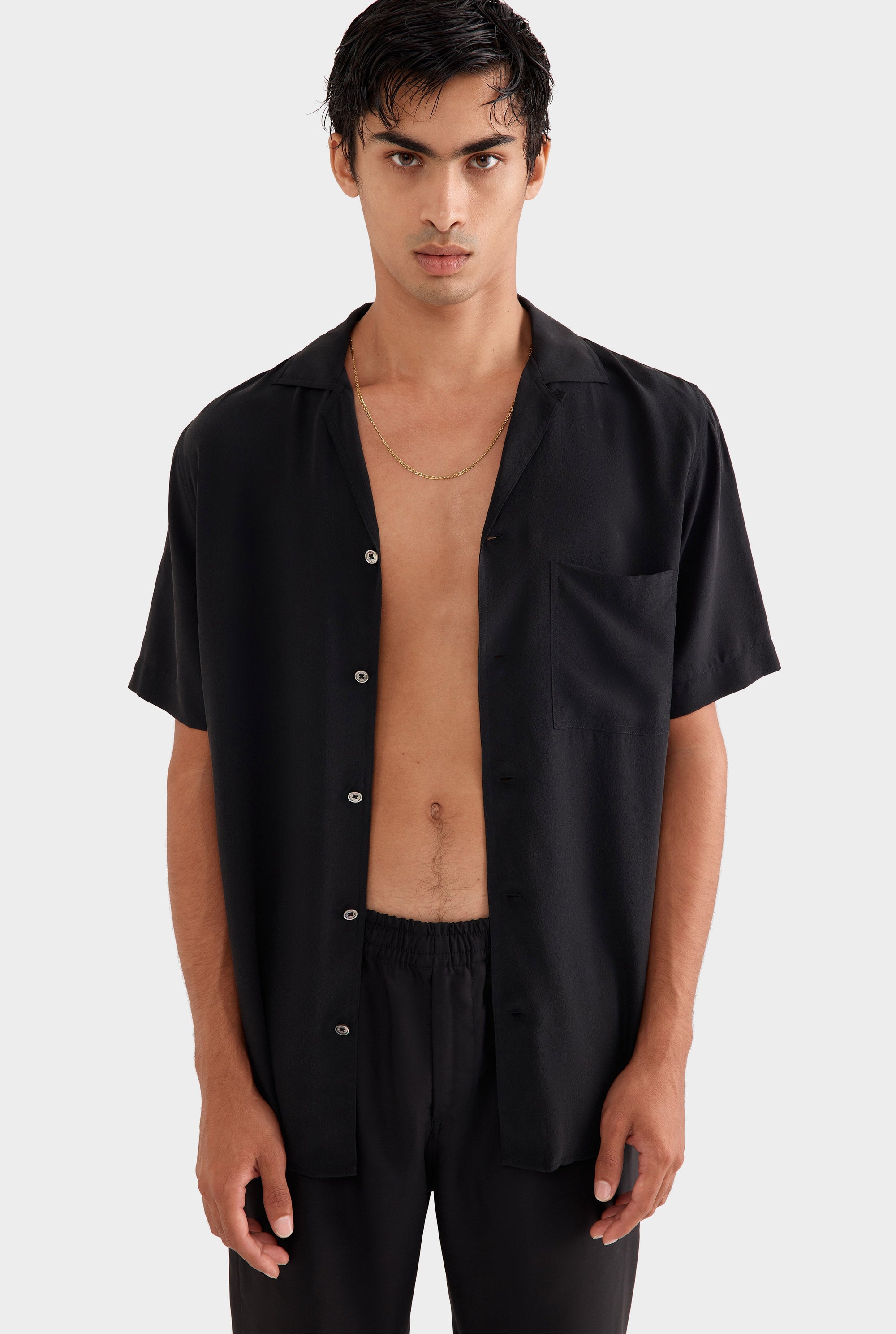 Short Sleeve Silk Camp Collar Shirt - Black