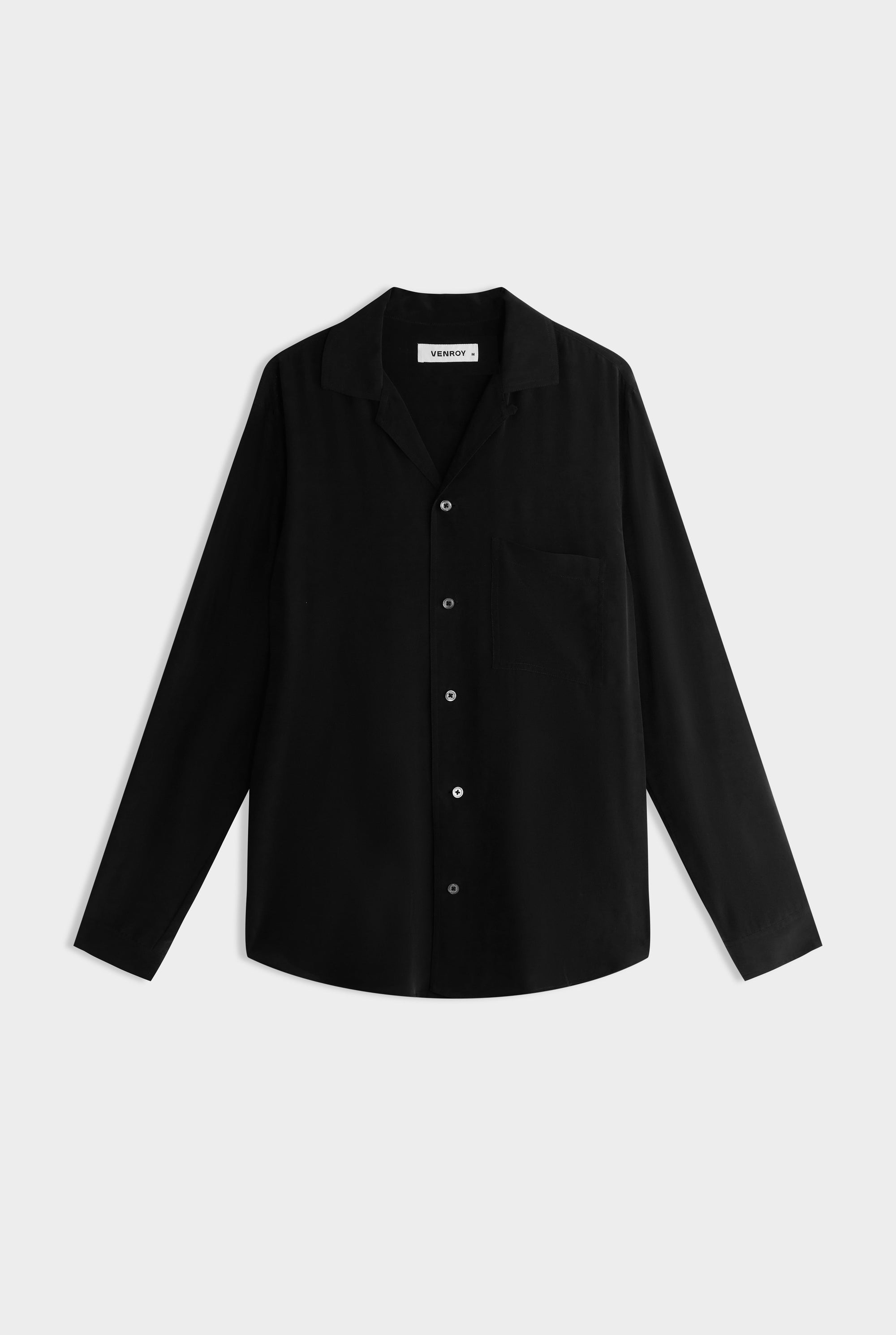 Long Sleeve Silk Camp Collar Shirt - Black