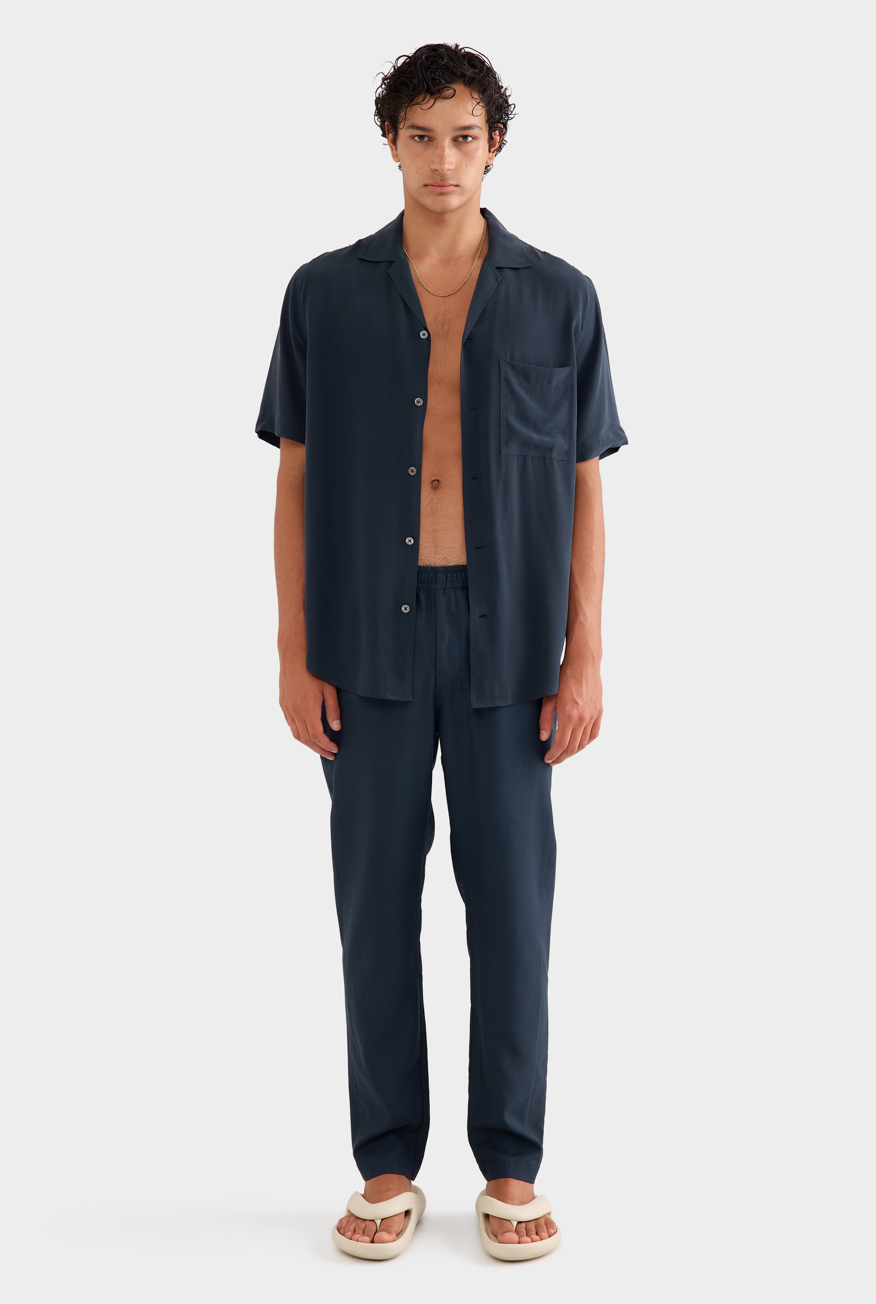 Short Sleeve Silk Camp Collar Shirt - Navy