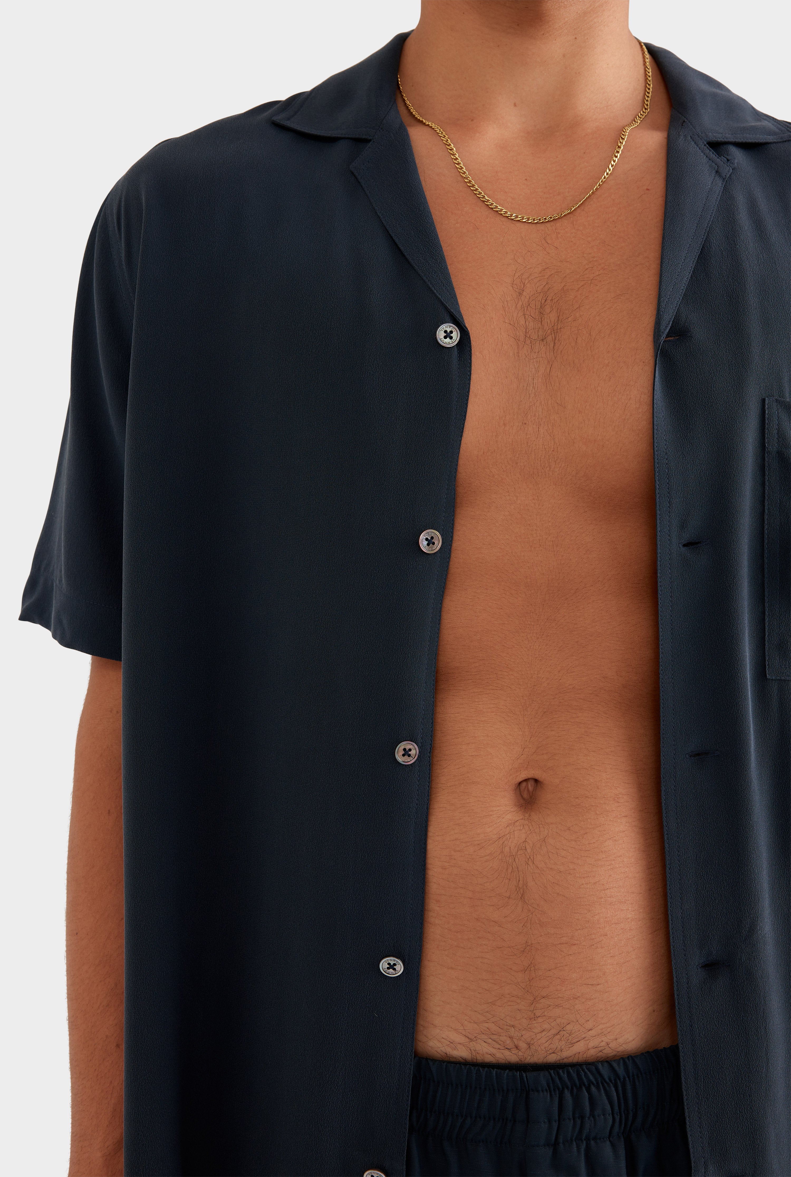 Short Sleeve Silk Camp Collar Shirt - Navy