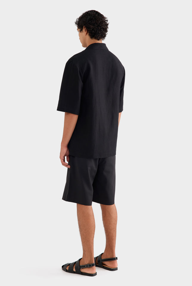 Silk Linen Relaxed Double Breasted Shirt - Black