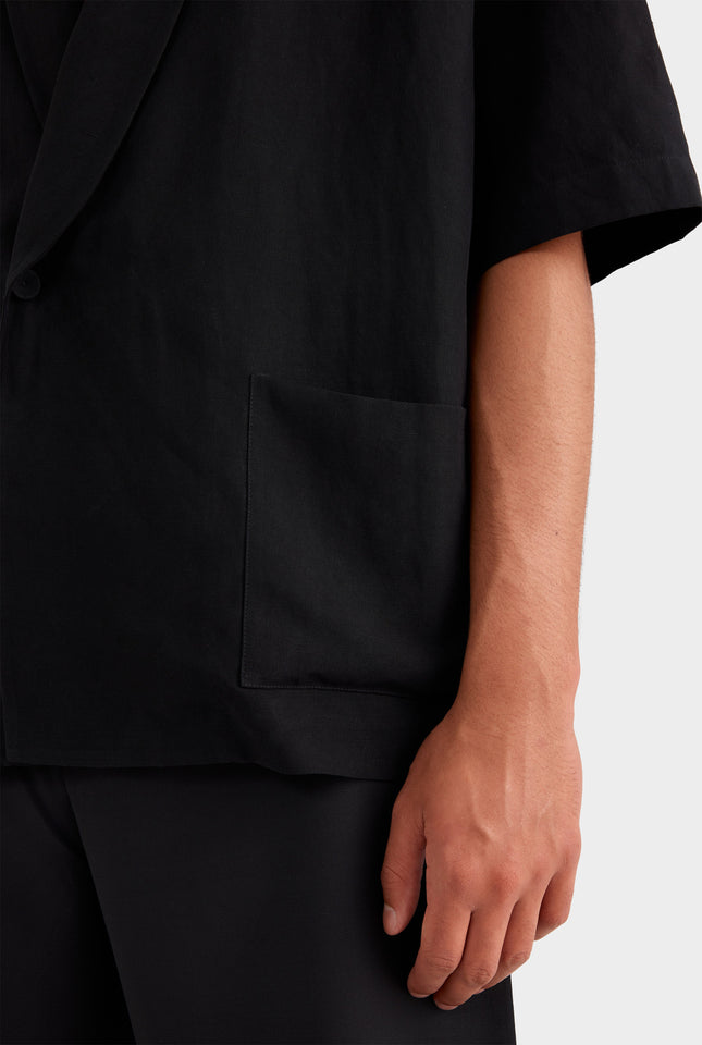 Silk Linen Relaxed Double Breasted Shirt - Black