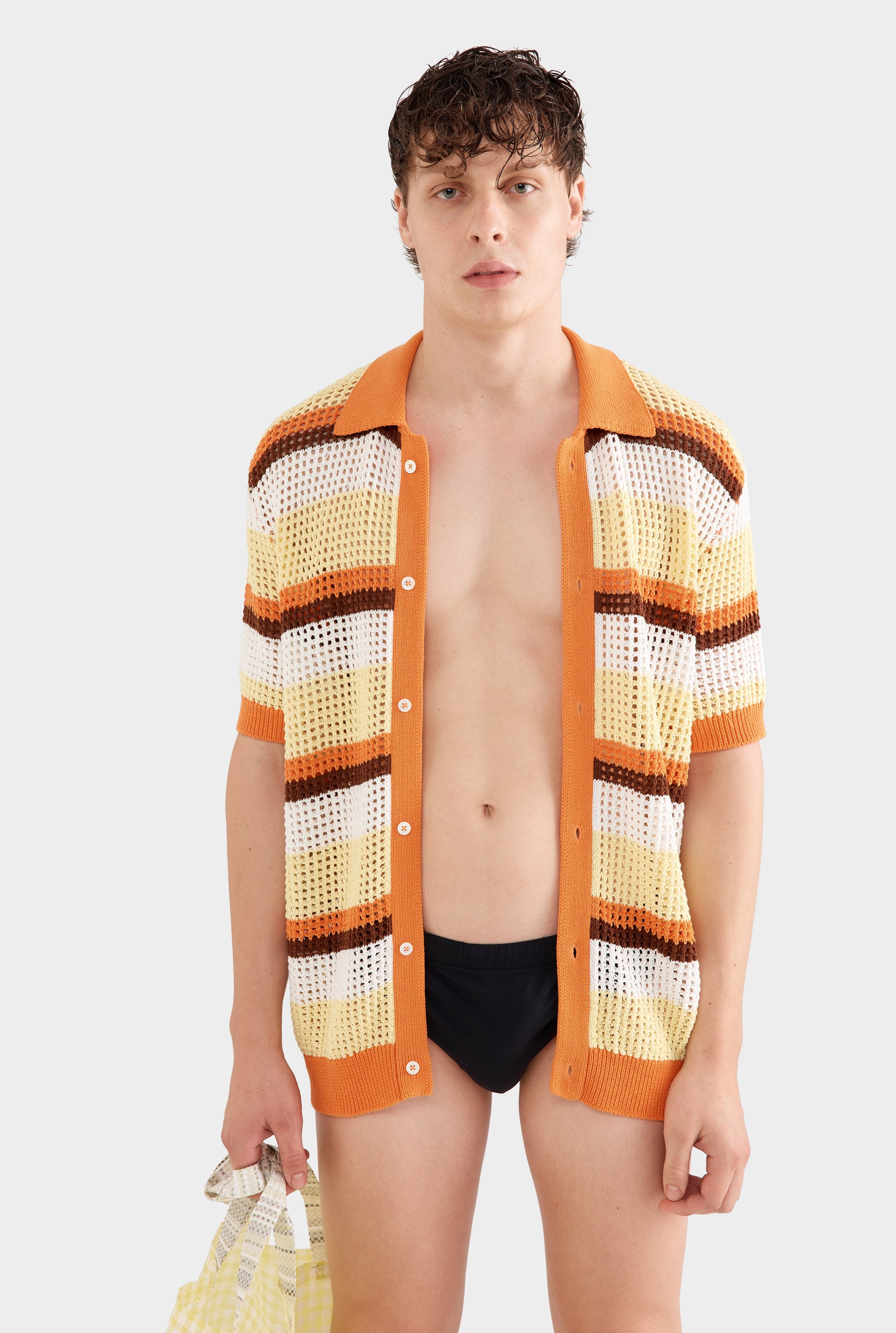 Stripe Open Stitch Knit Shirt - Lemon/Brown/Rust