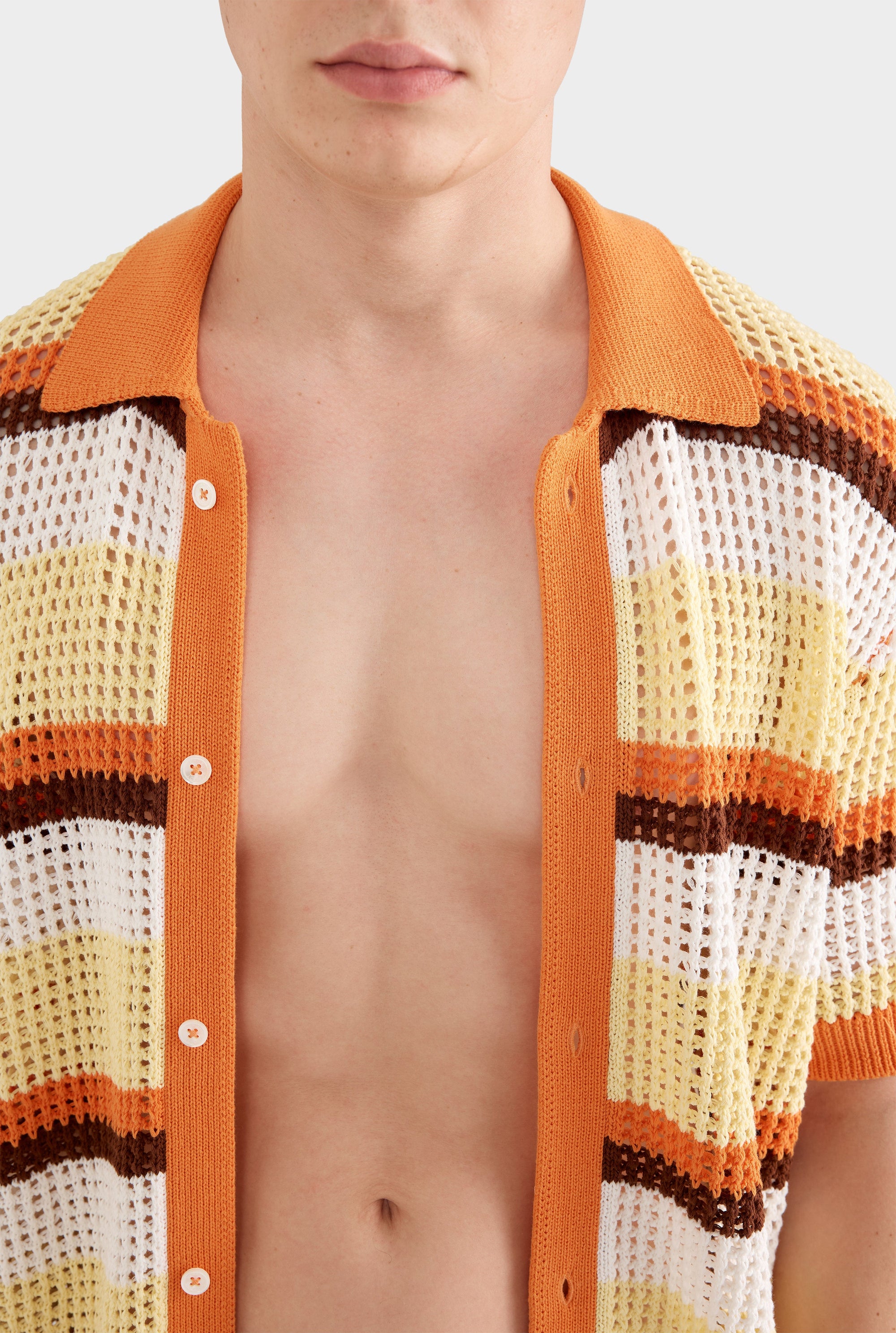 Stripe Open Stitch Knit Shirt - Lemon/Brown/Rust