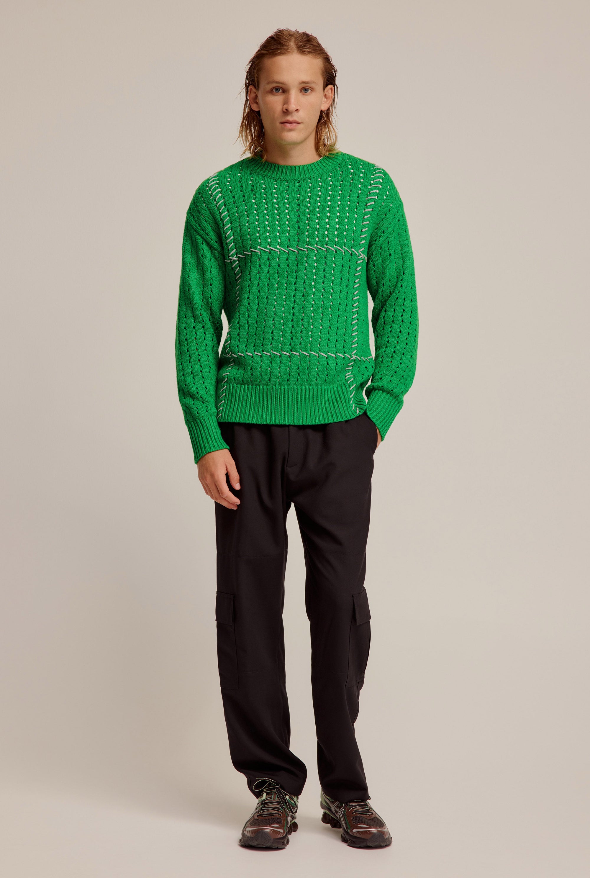 Whipstitch Cotton Cashmere Sweater - Bright Green/Grey Marl