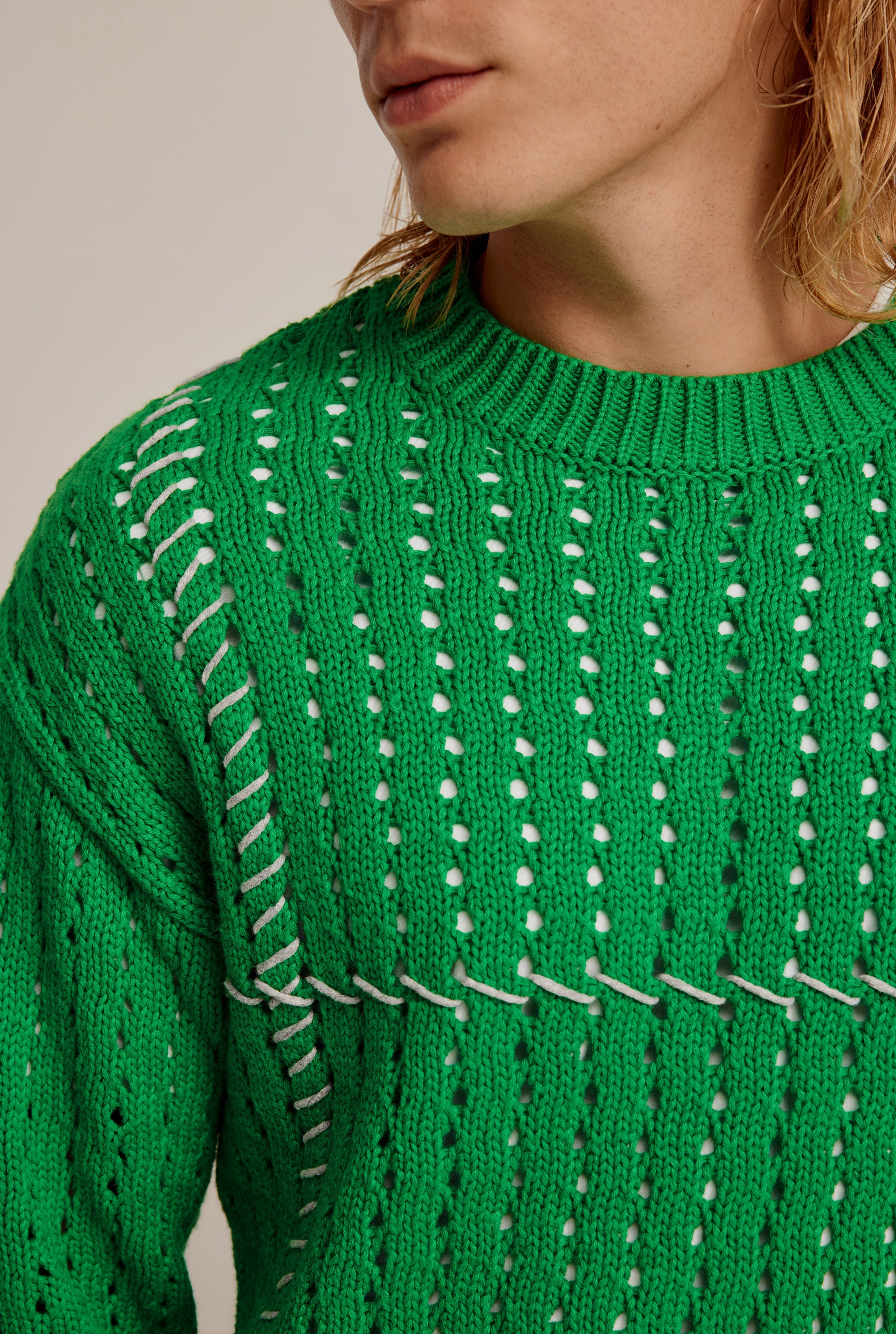 Whipstitch Cotton Cashmere Sweater - Bright Green/Grey Marl