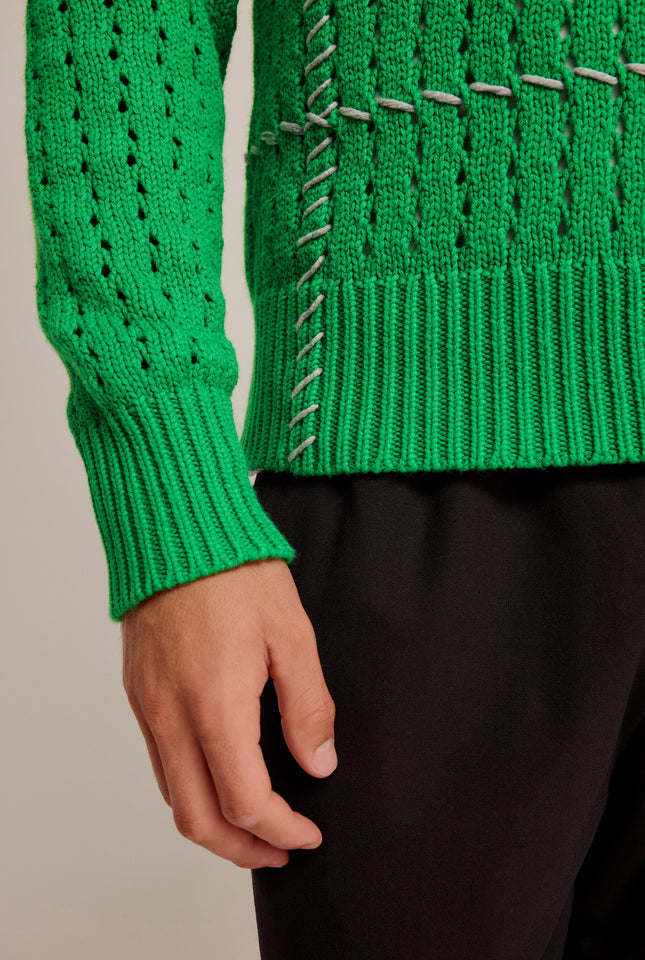 Whipstitch Cotton Cashmere Sweater - Bright Green/Grey Marl