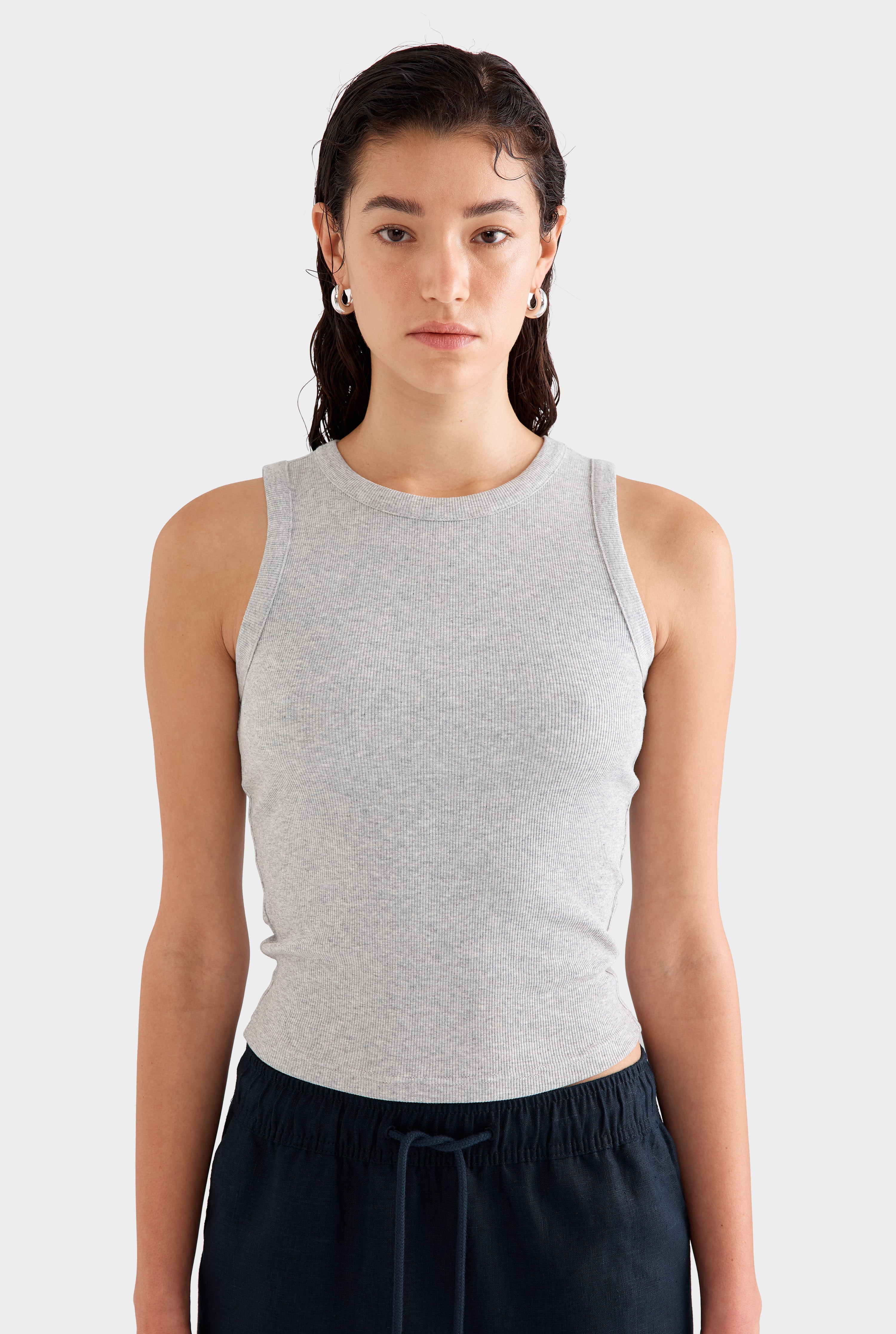 Crew Neck Jersey Rib Tank - Grey Marl