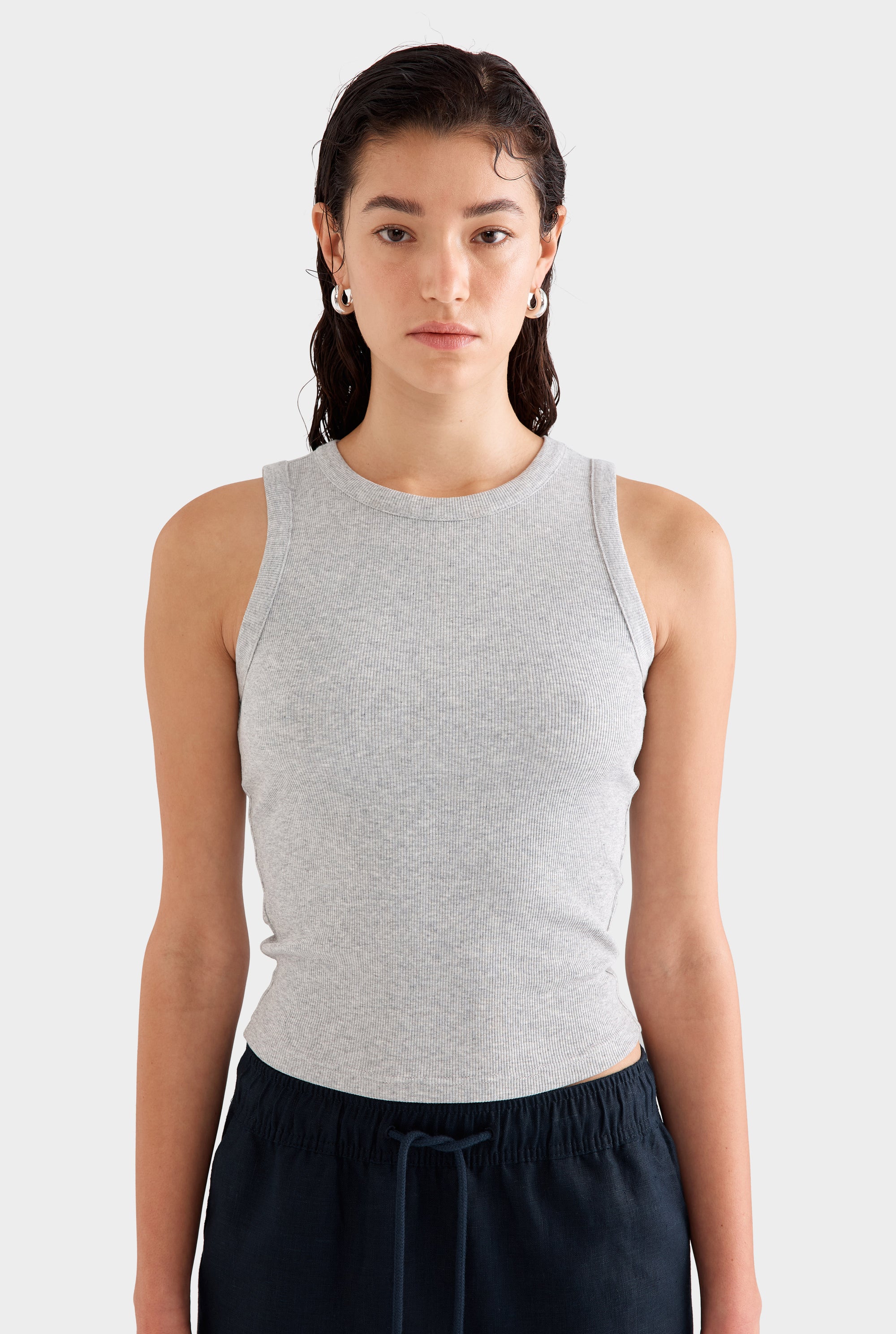 Crew Neck Jersey Rib Tank - Grey Marl