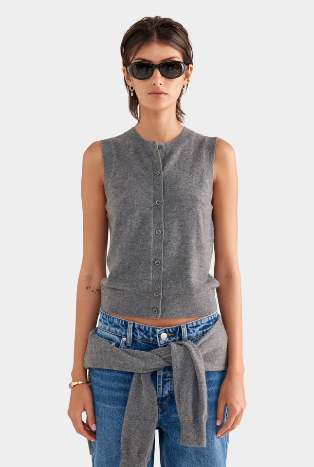 Cashmere Button Through Tank - Charcoal