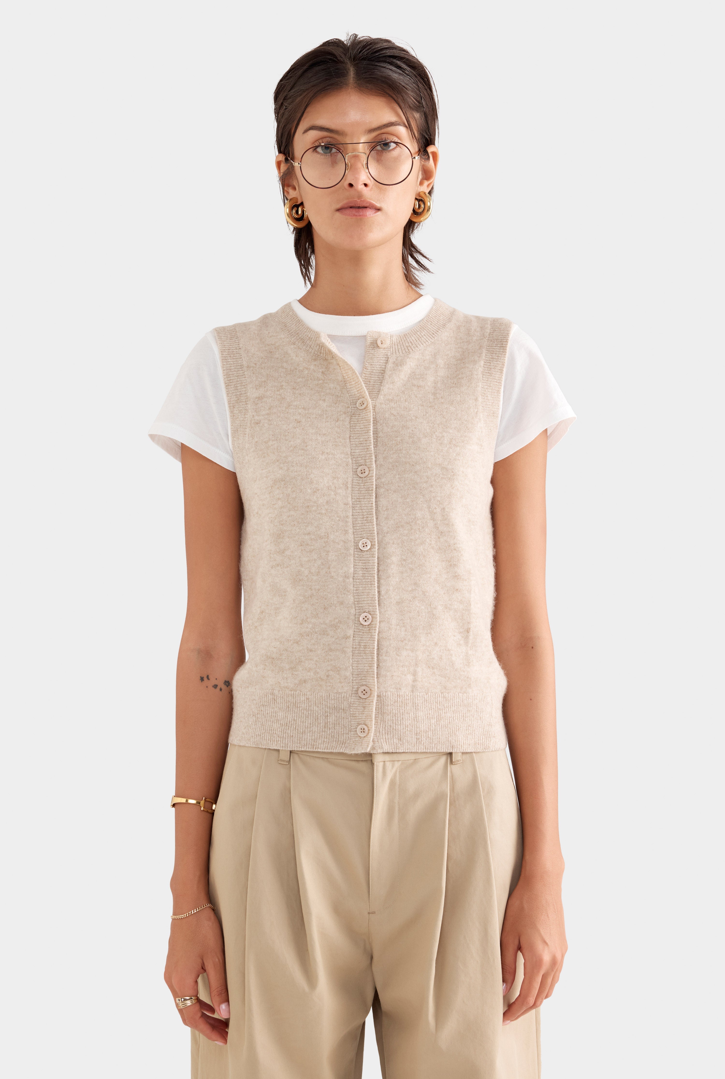 Cashmere Button Through Tank - Sand