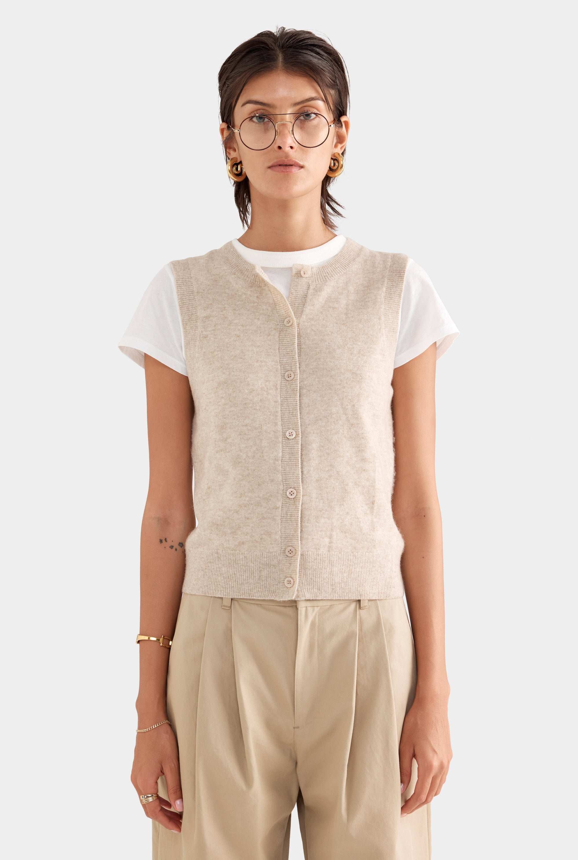 Cashmere Button Through Tank - Sand
