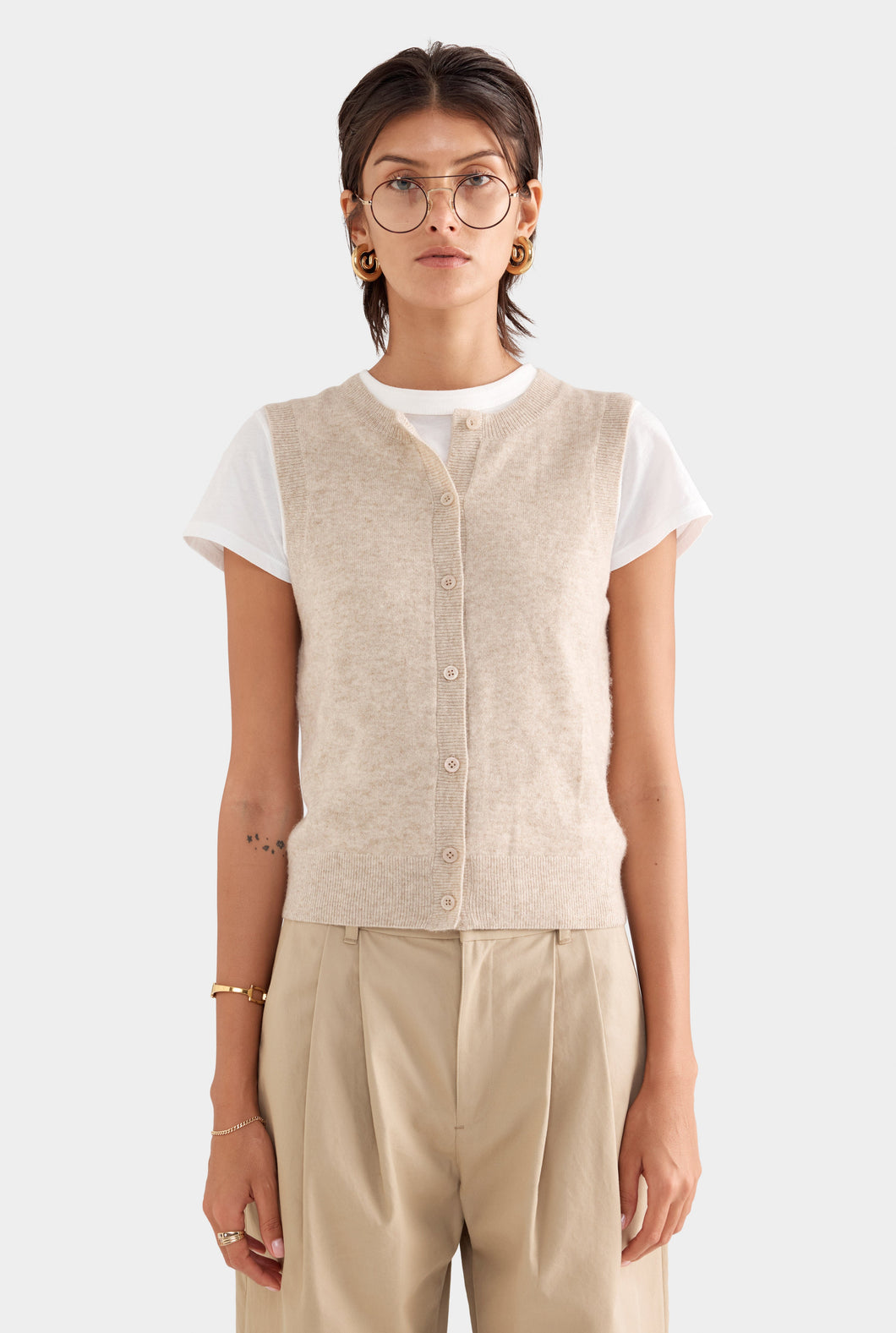 Cashmere Button Through Tank - Sand