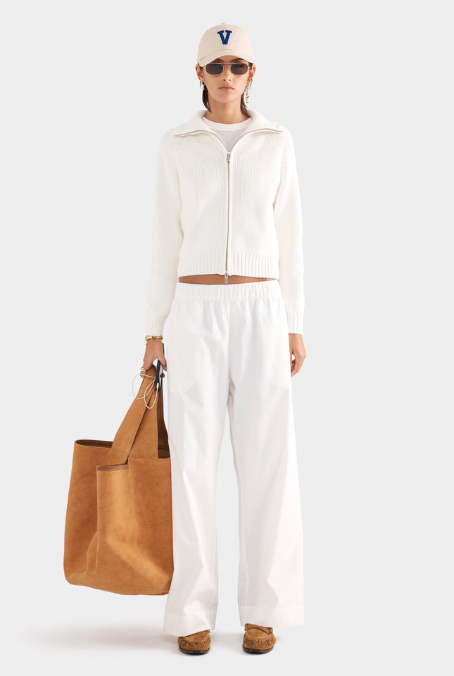Cotton Funnel Neck Zip Up Sweater - White