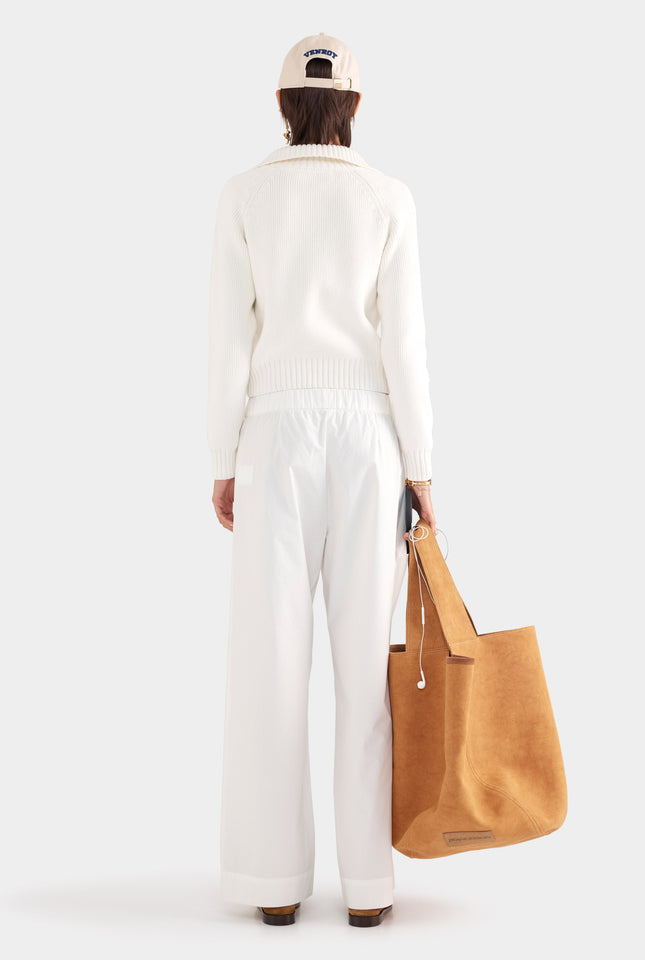 Cotton Funnel Neck Zip Up Sweater - White