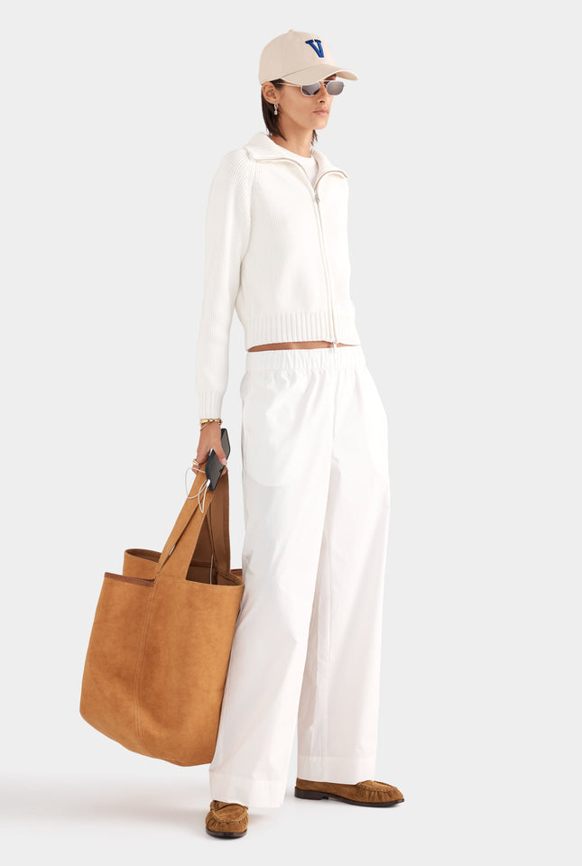Cotton Funnel Neck Zip Up Sweater - White