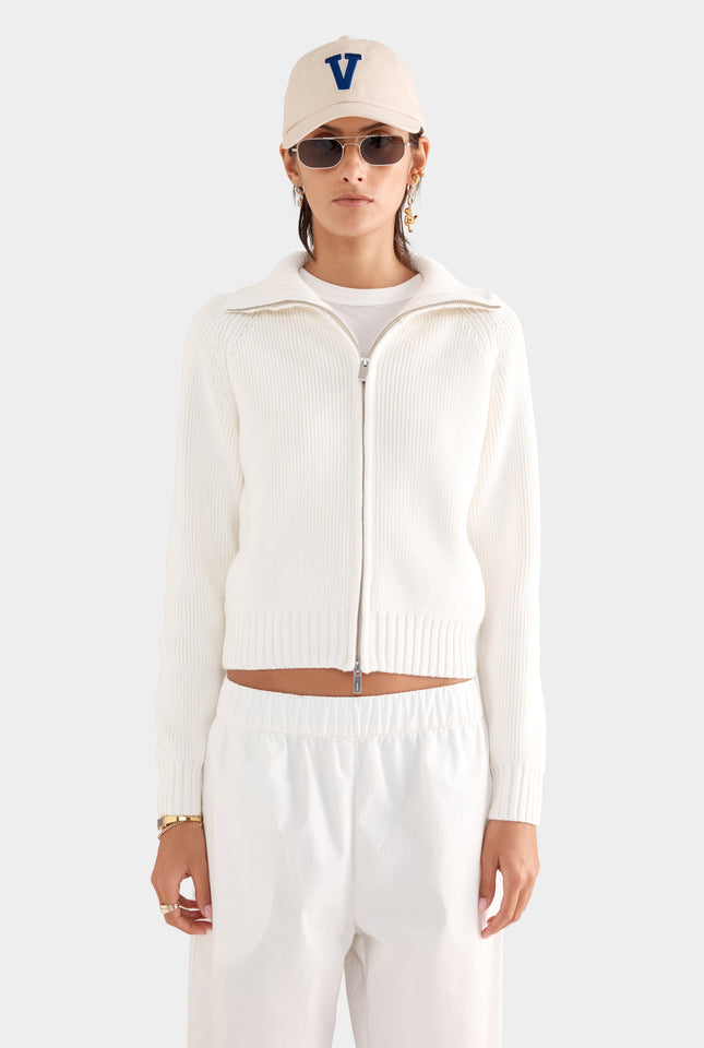 Cotton Funnel Neck Zip Up Sweater - White