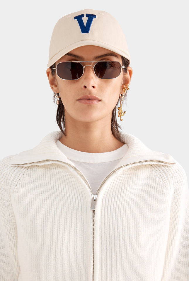 Cotton Funnel Neck Zip Up Sweater - White