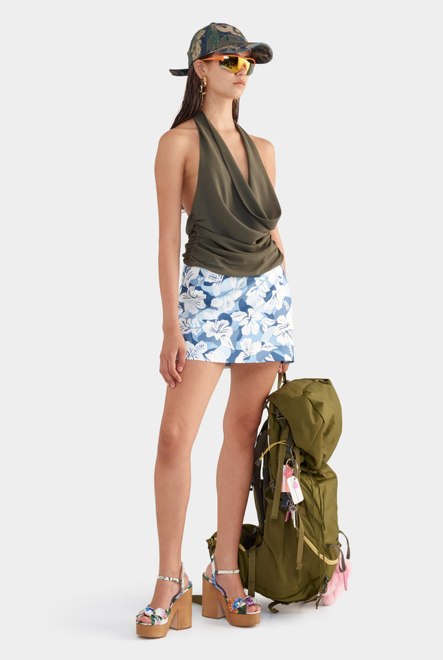Deep Cowl Sheer Silk Halter - Olive