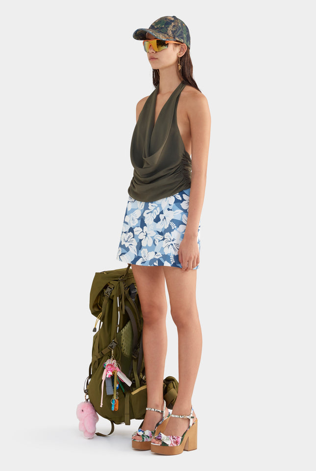 Deep Cowl Sheer Silk Halter - Olive