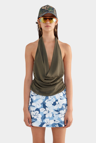 Deep Cowl Sheer Silk Halter - Olive