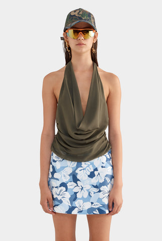 Deep Cowl Sheer Silk Halter - Olive