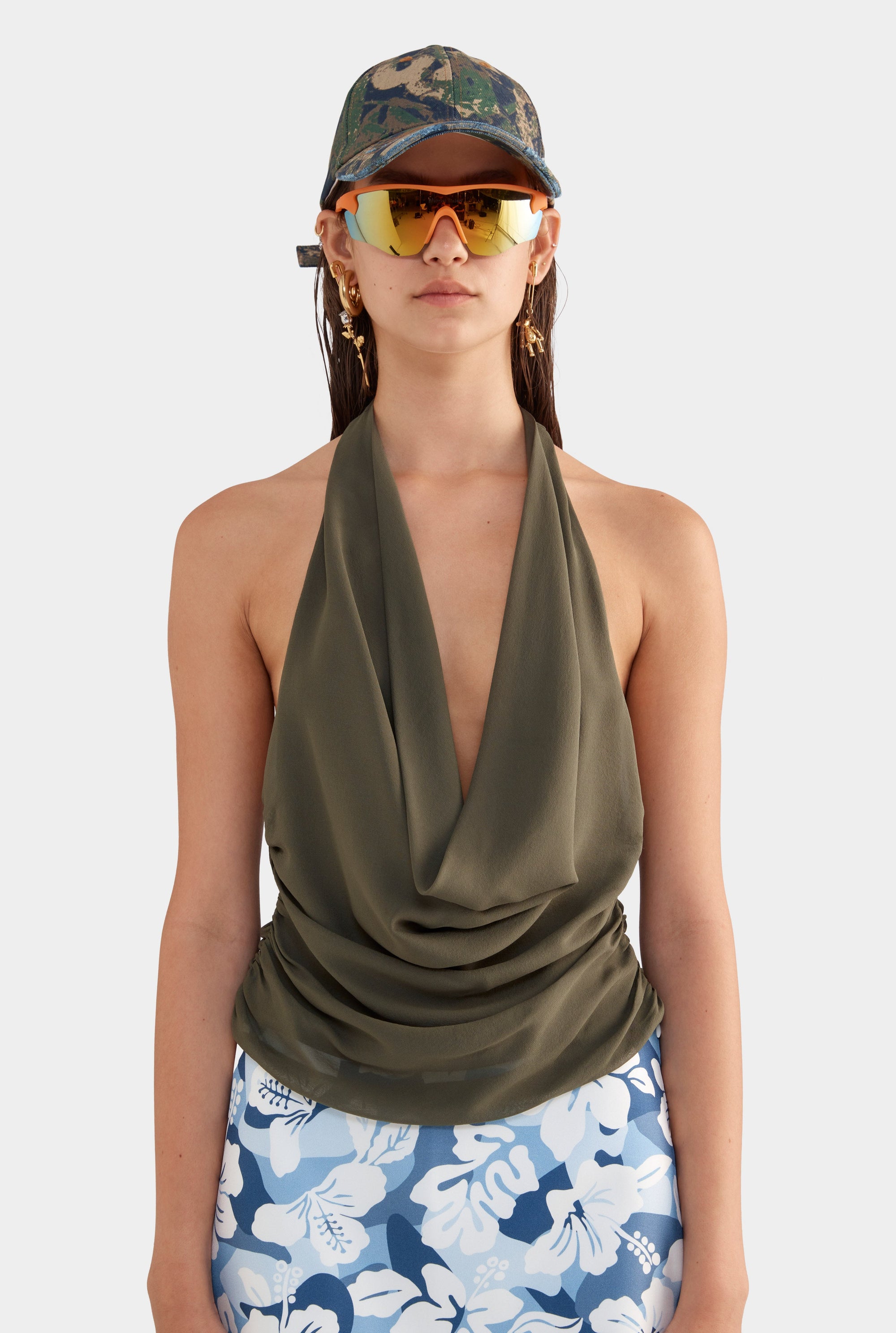 Deep Cowl Sheer Silk Halter - Olive