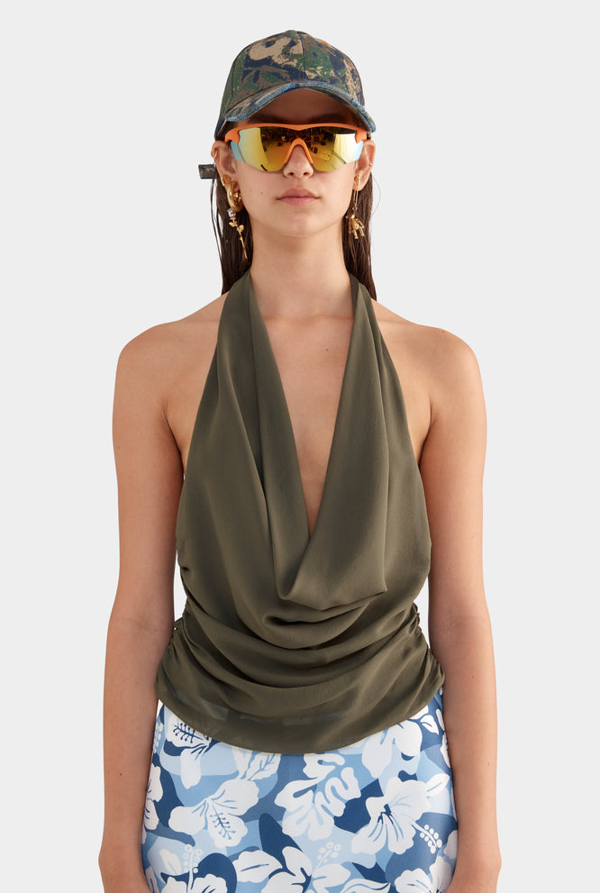 Deep Cowl Sheer Silk Halter - Olive