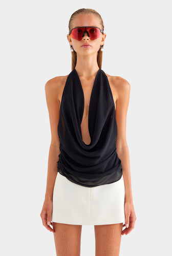 Deep Cowl Sheer Silk Halter - Black