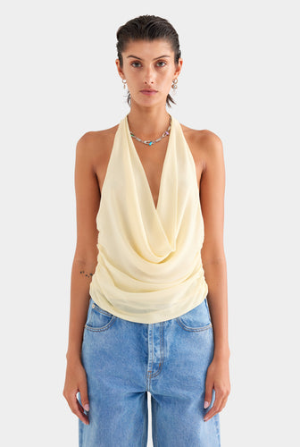 Deep Cowl Sheer Silk Halter - Butter