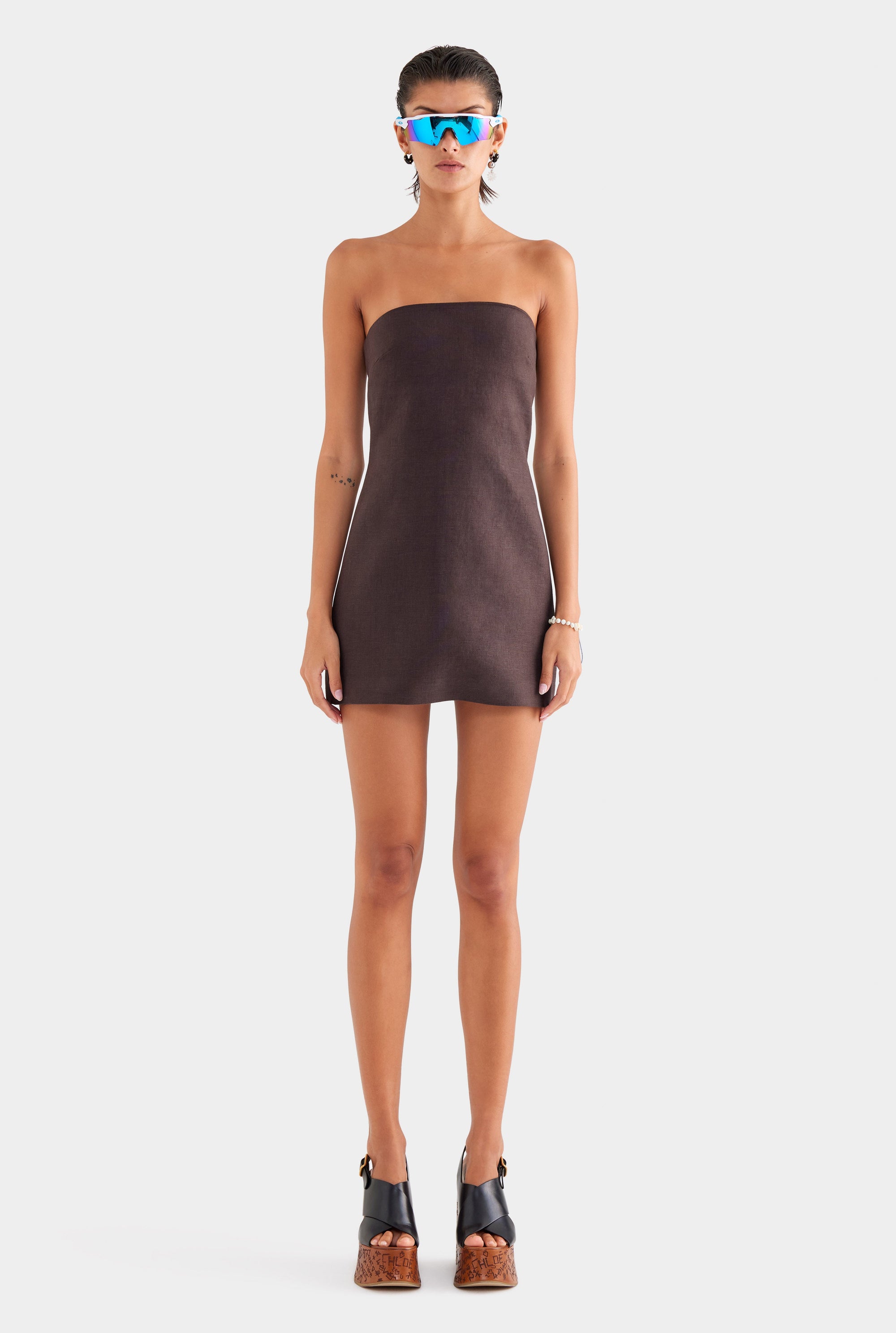 Linen Strapless Mini Dress - Dark Chocolate