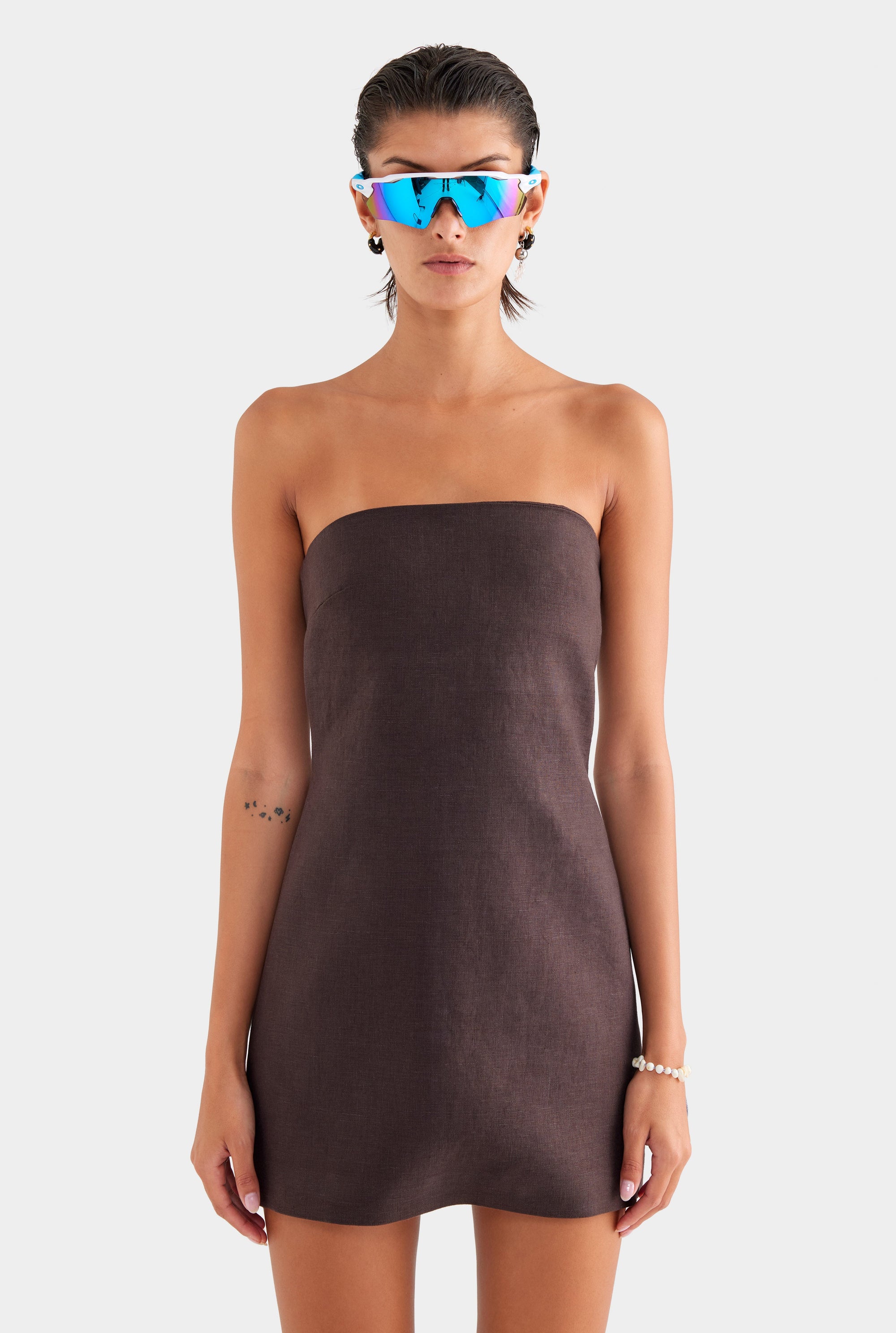 Linen Strapless Mini Dress - Dark Chocolate