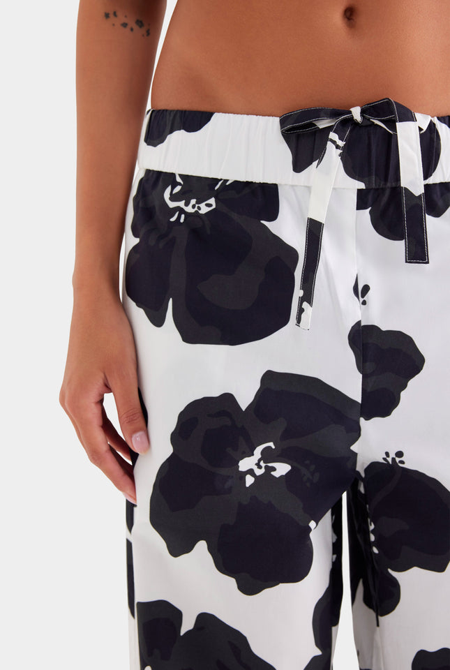 Printed Heavy Cotton Poplin Pant - White/Black Hibiscus