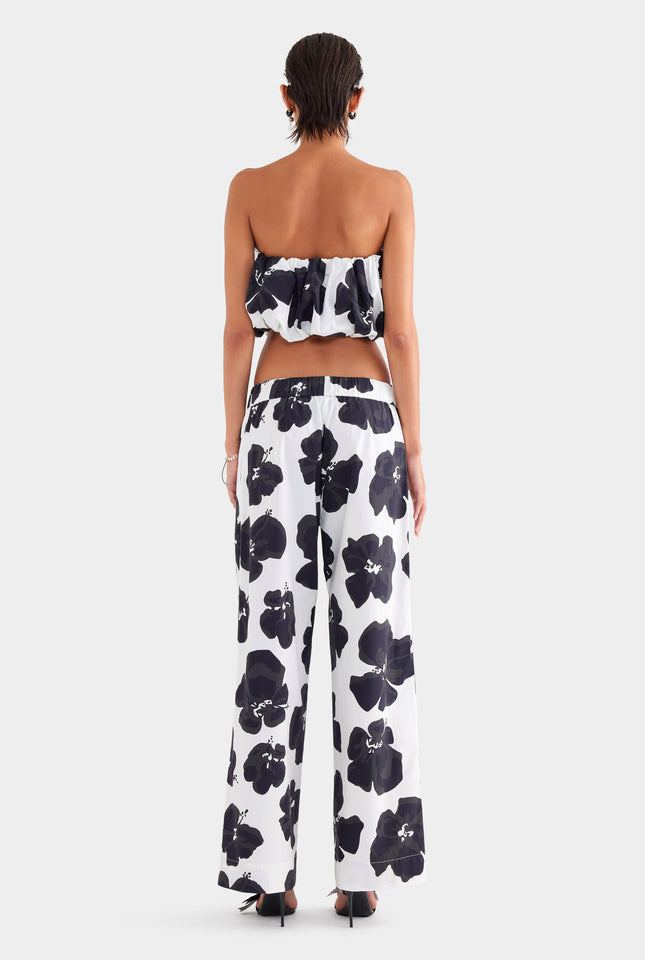 Printed Cotton Strapless Bubble Top - White/Black Hibiscus