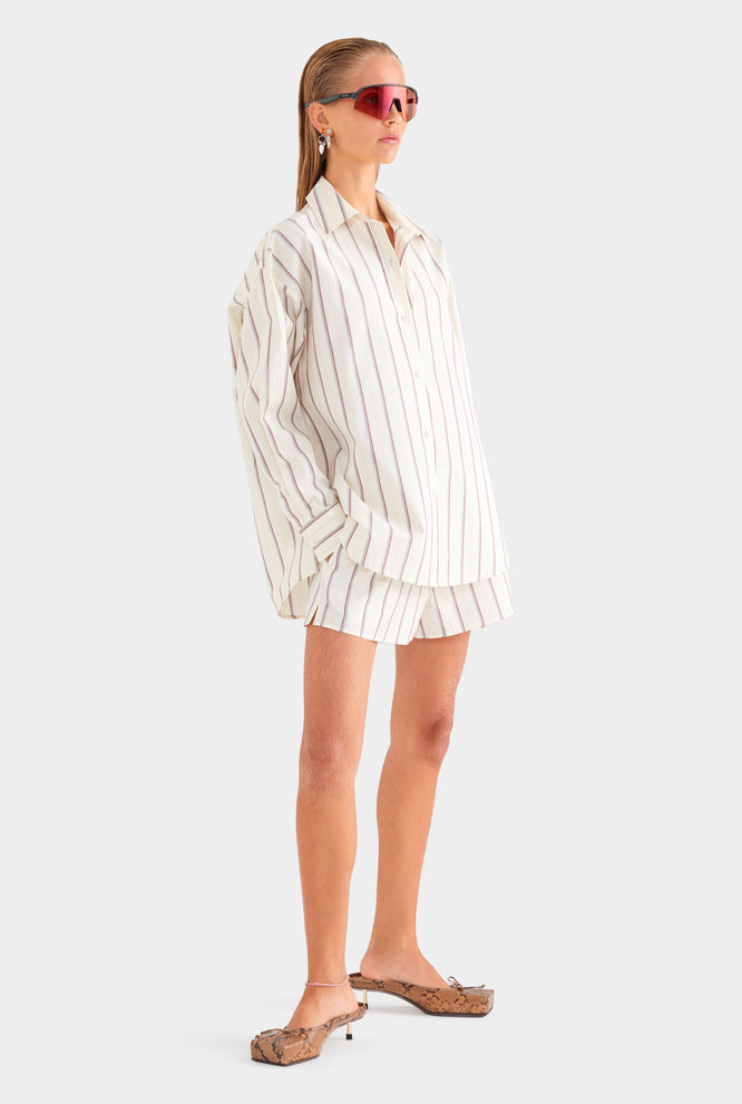 Relaxed Striped Cotton Shirt - Cream/Mahogany Brown/Yellow Stripe