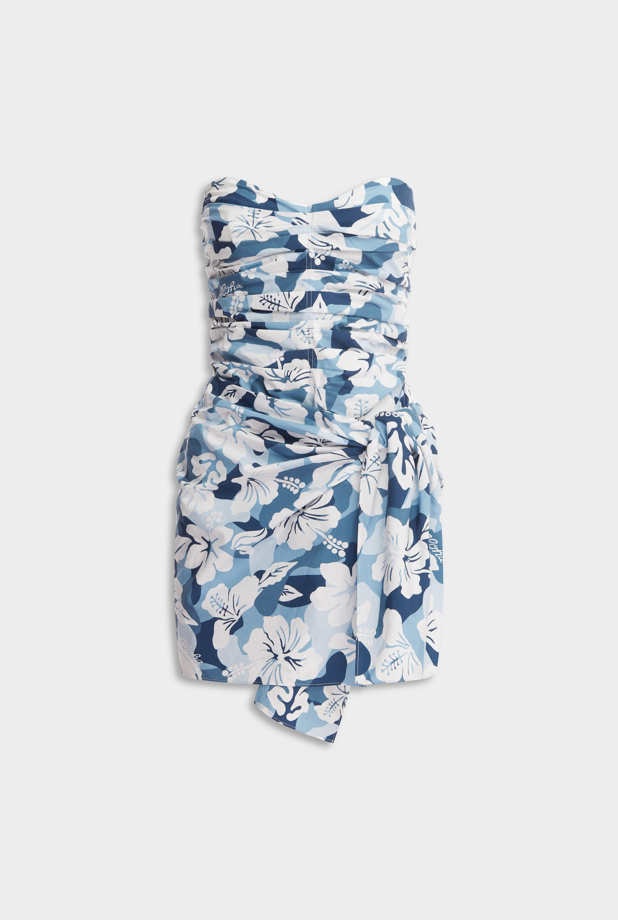 Ruched Cotton Strapless Mini Dress - Blue Hibiscus Camo