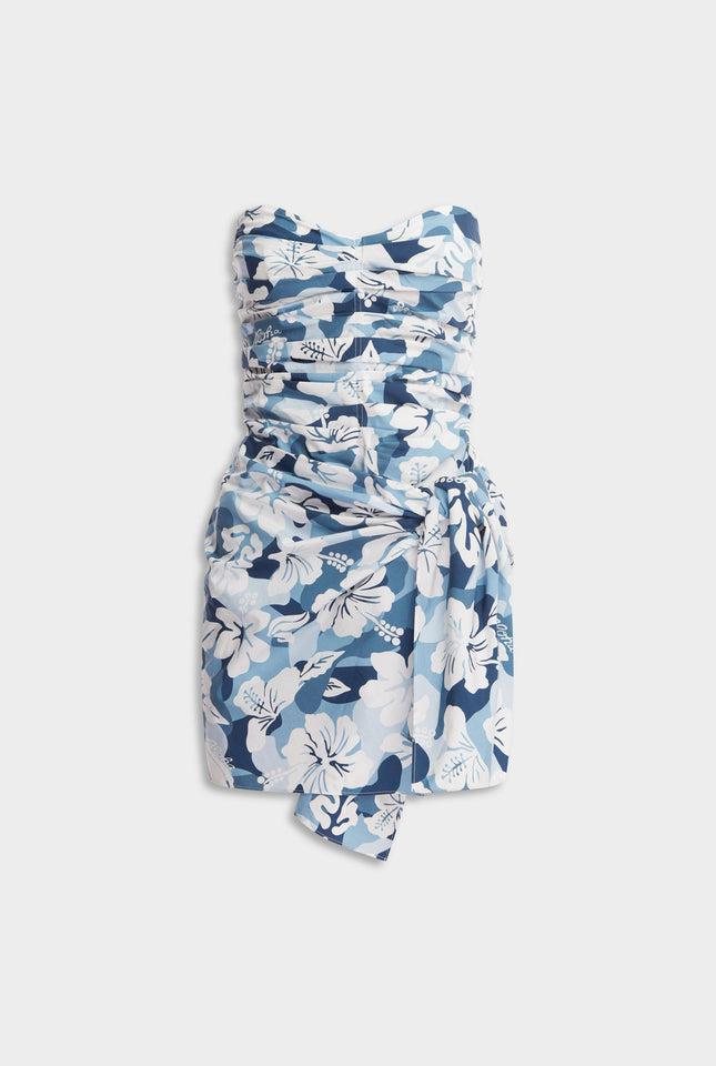 Ruched Cotton Strapless Mini Dress - Blue Hibiscus Camo