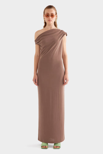 Asymmetrical Draped Jersey Dress -  Chestnut