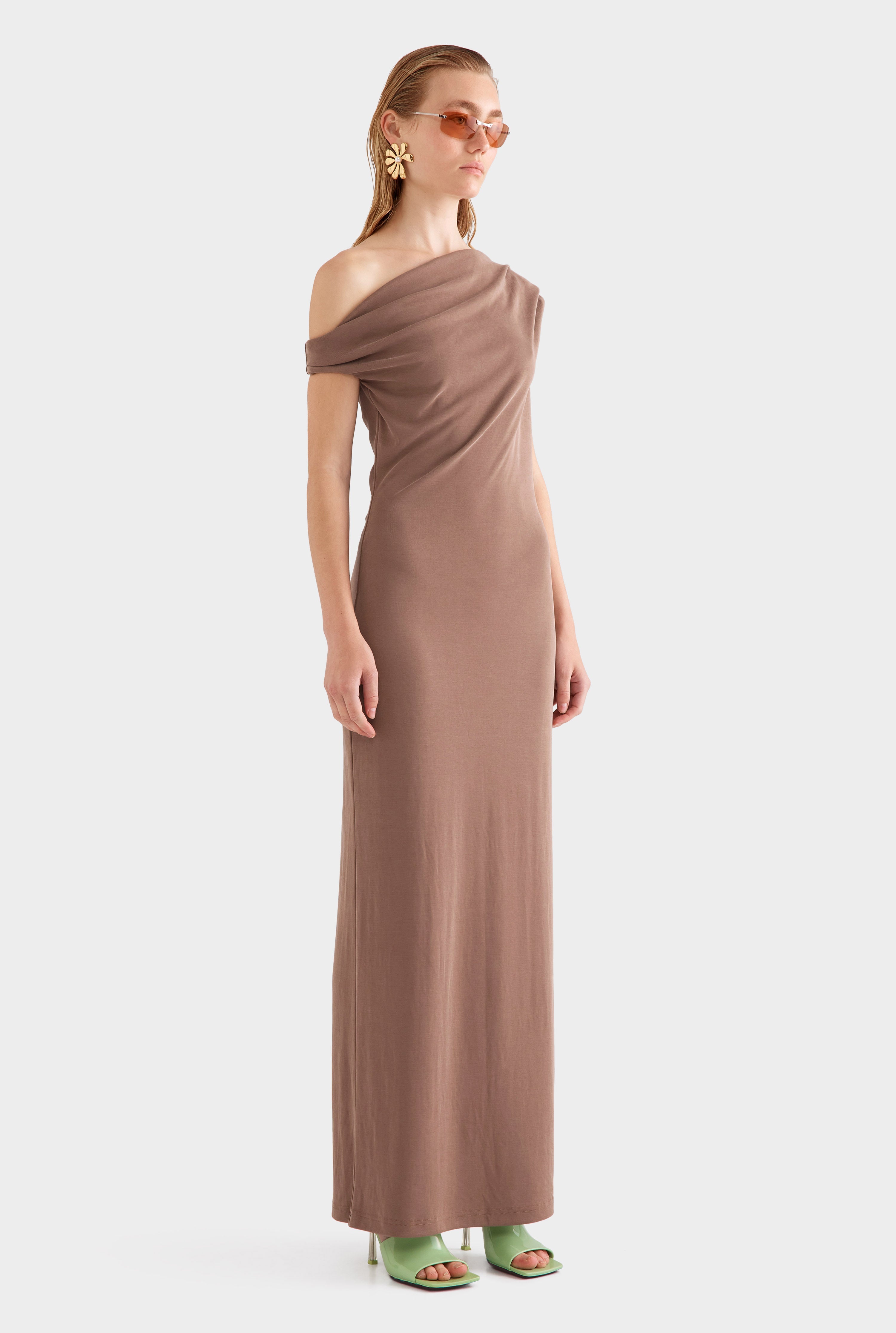 Asymmetrical Draped Jersey Dress -  Chestnut