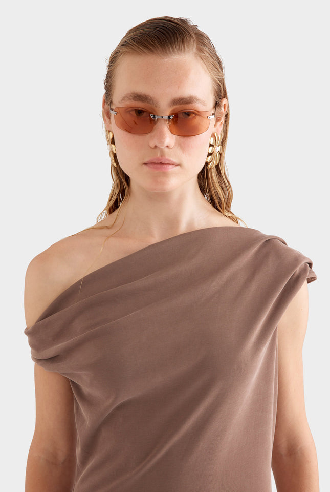 Asymmetrical Draped Jersey Dress -  Chestnut