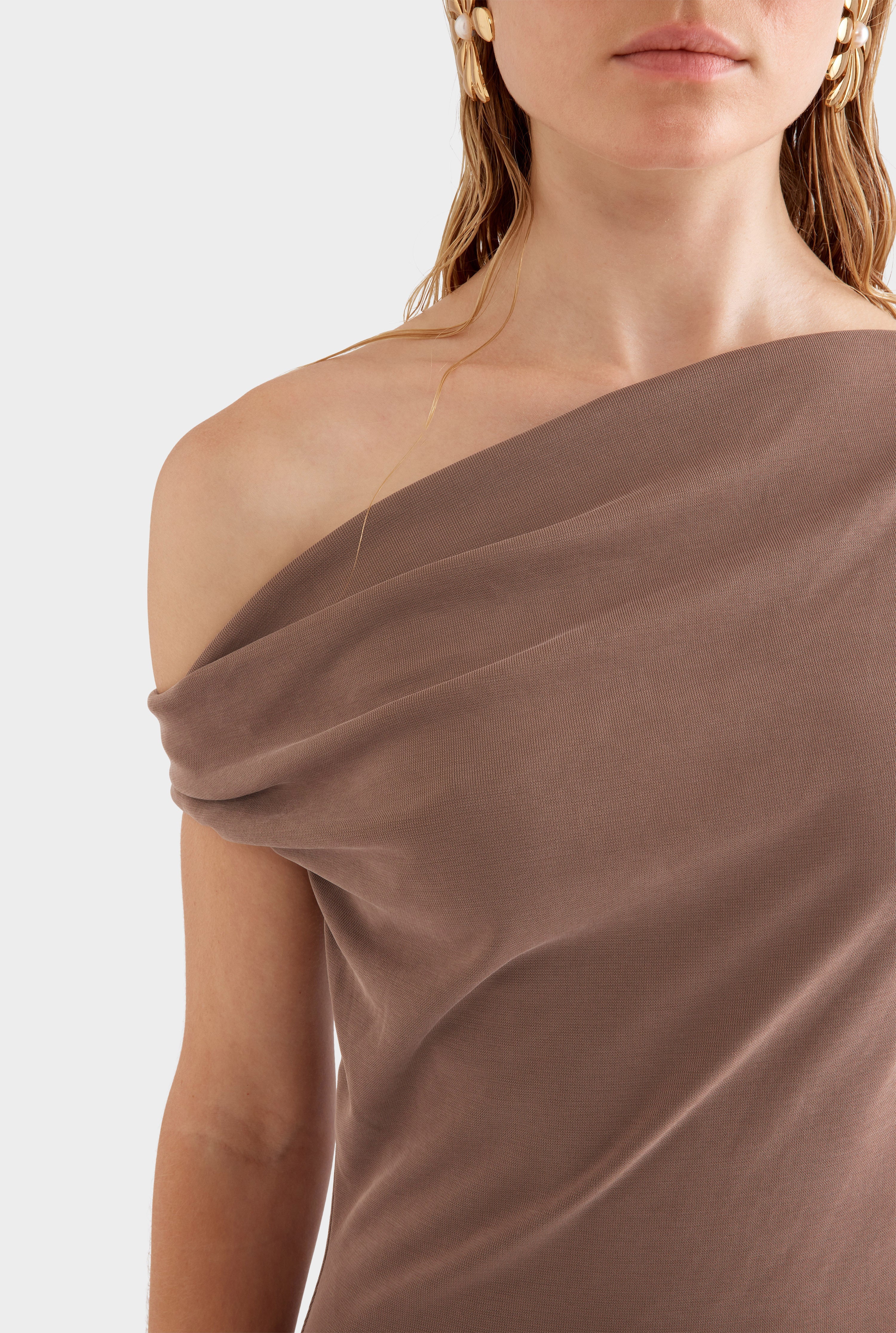 Asymmetrical Draped Jersey Dress -  Chestnut