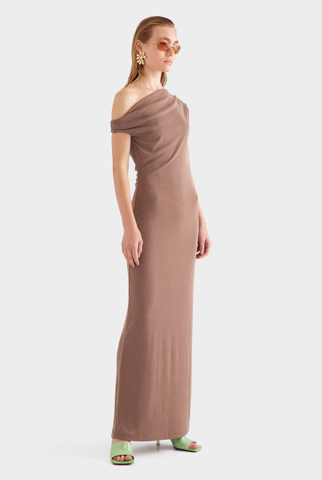 Asymmetrical Draped Jersey Dress -  Chestnut