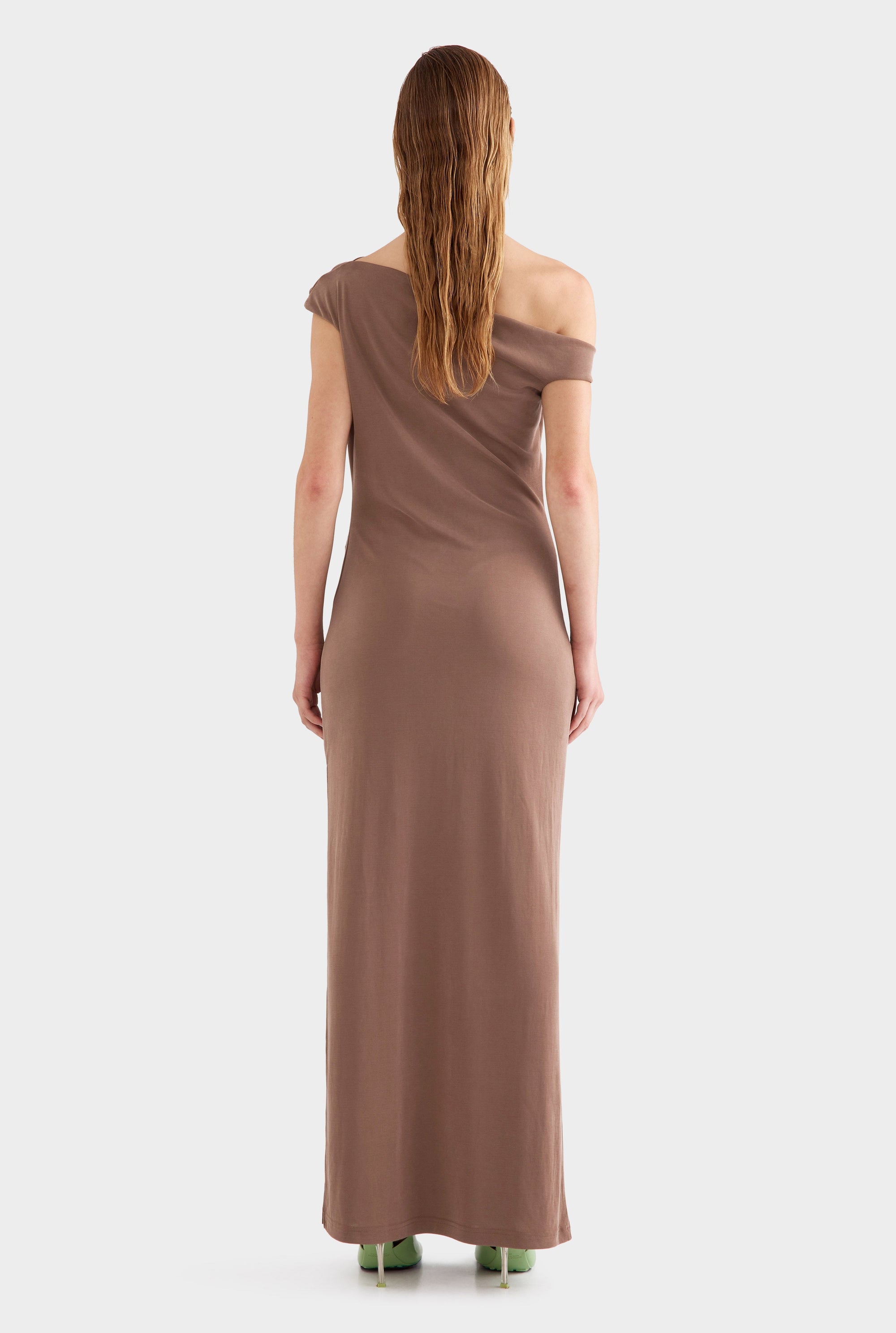 Asymmetrical Draped Jersey Dress -  Chestnut