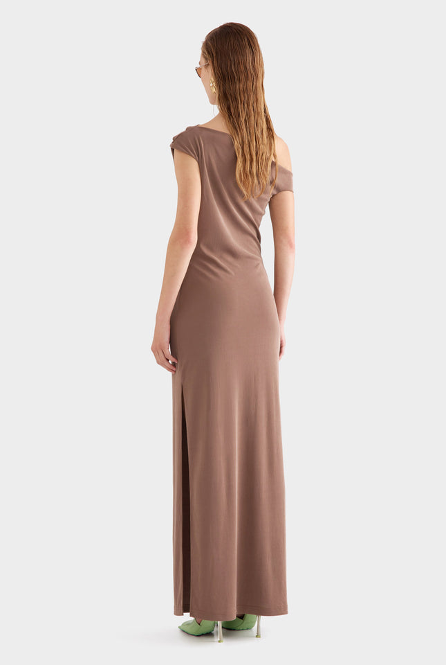 Asymmetrical Draped Jersey Dress -  Chestnut